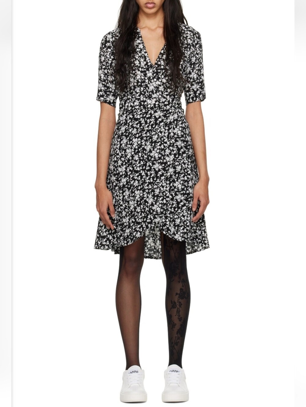 GANNI Floral Crepe Mini Wrap Dress Black White